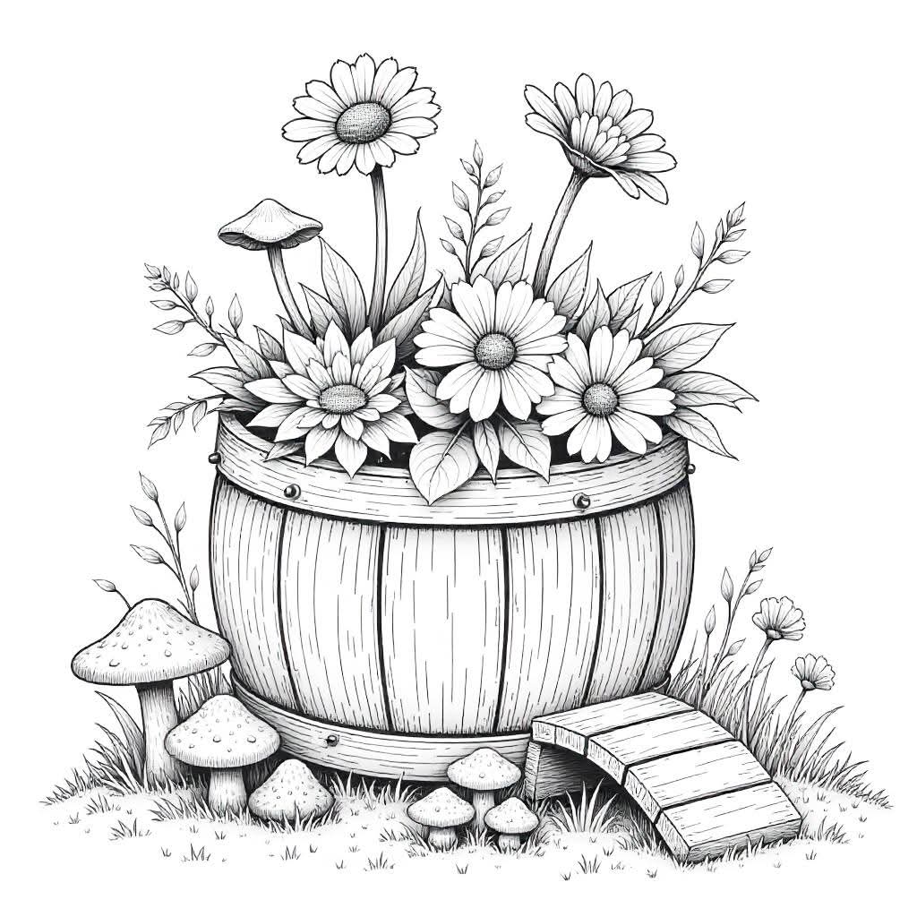 Painting Art Kit -  Wooden Barrel with flowers, on 11in x 14in stretched canvas with wood easel