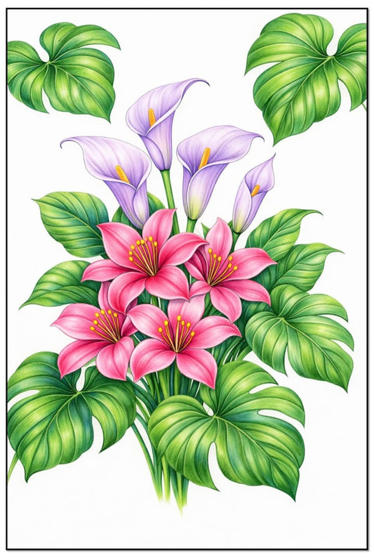 Painting Art Kit -  Pink lilies with purple calla lilies, on 11in x 14in stretched canvas with wood easel
