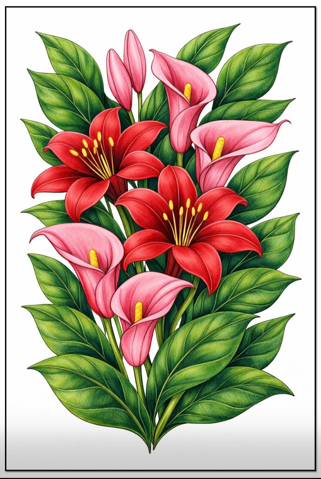 Painting Art Kit -  Red lilies with pink calla lilies, on 11in x 14in stretched canvas with wood easel