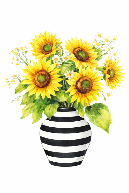 Painting Art Kit -  Black & White vase of Sunflowers, on 11in x 14in stretched canvas with wood easel