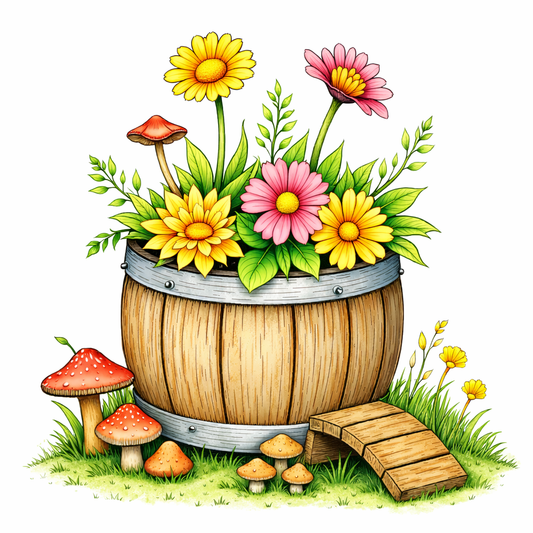 Painting Art Kit -  Wooden Barrel with flowers, on 11in x 14in stretched canvas with wood easel
