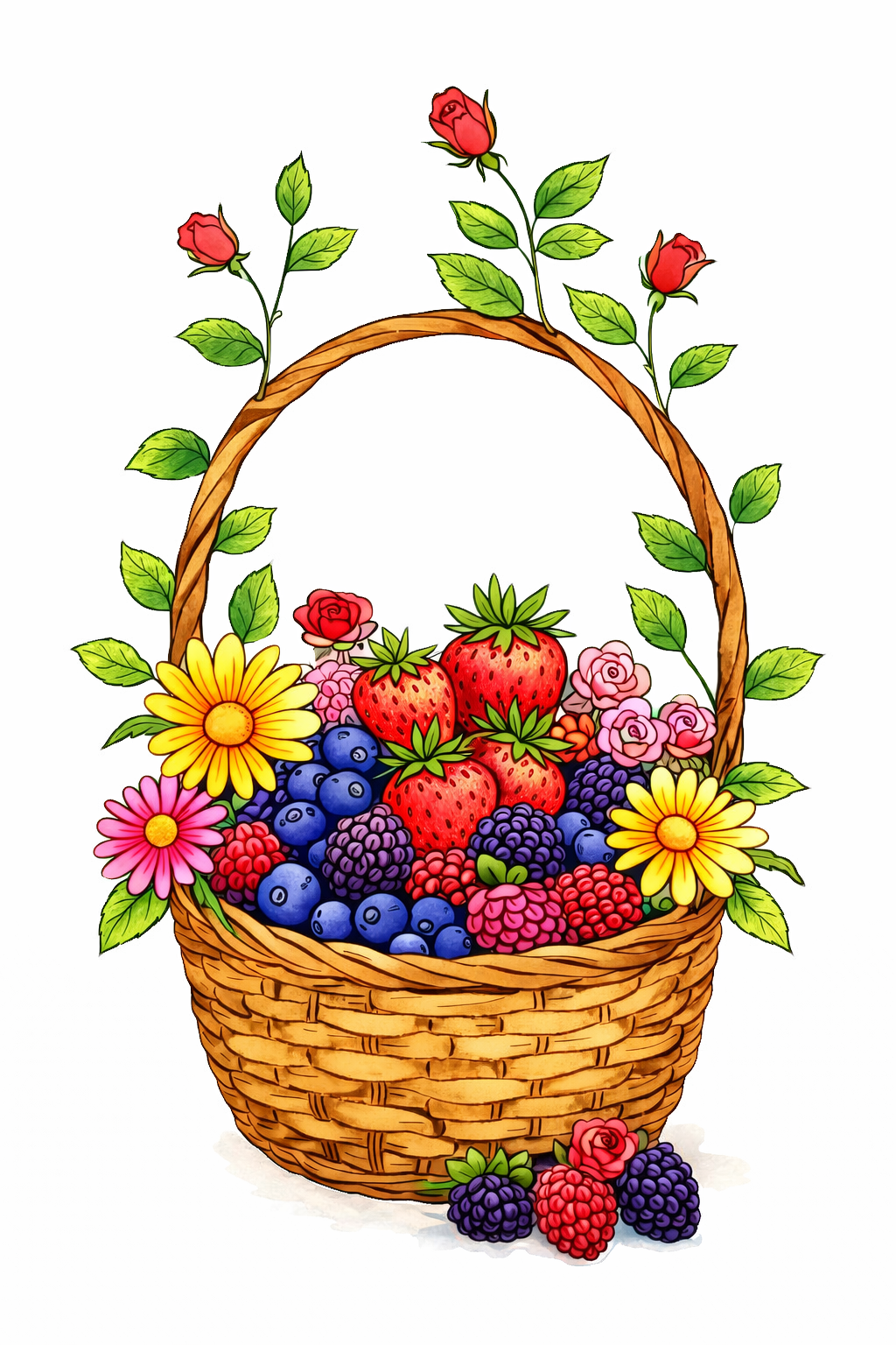 Painting Art Kit -  Basket of berries and flowers, on 11in x 14in stretched canvas with wood easel