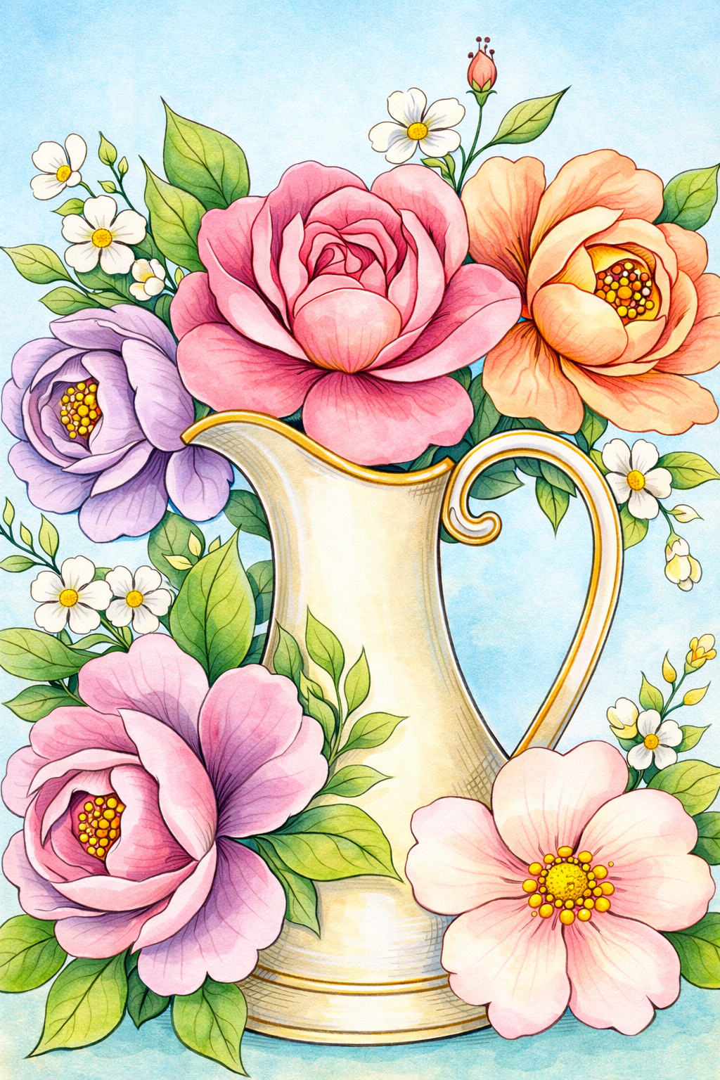 Painting Art Kit -  Water Pitcher with Camellias and Peonies, on 11in x 14in stretched canvas with wood easel