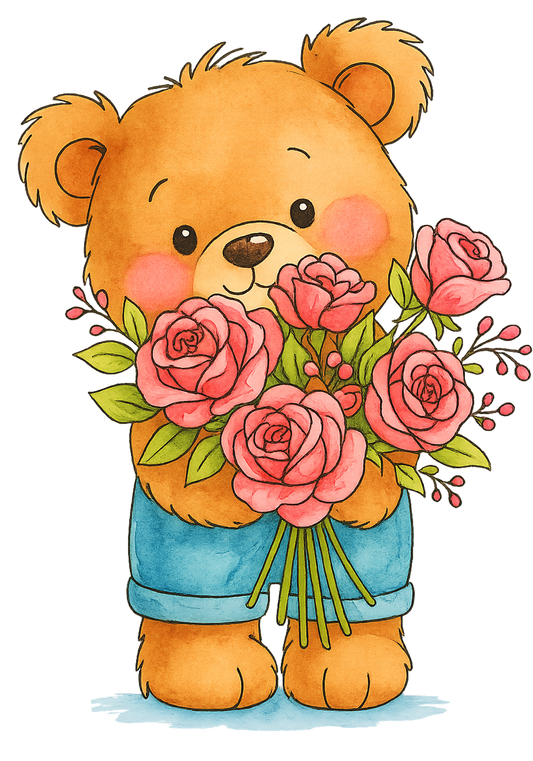 Painting Art Kit - Teddy with Roses, on 8in x 10in canvas board