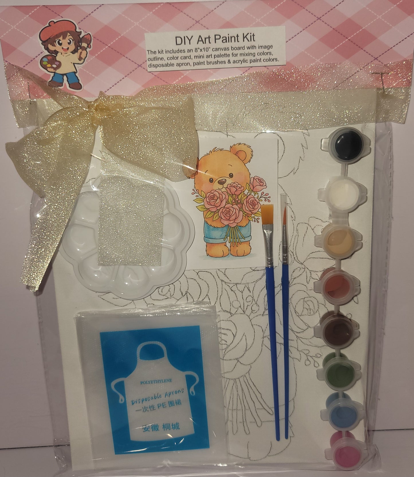 Painting Art Kit - Teddy with Roses, on 8in x 10in canvas board