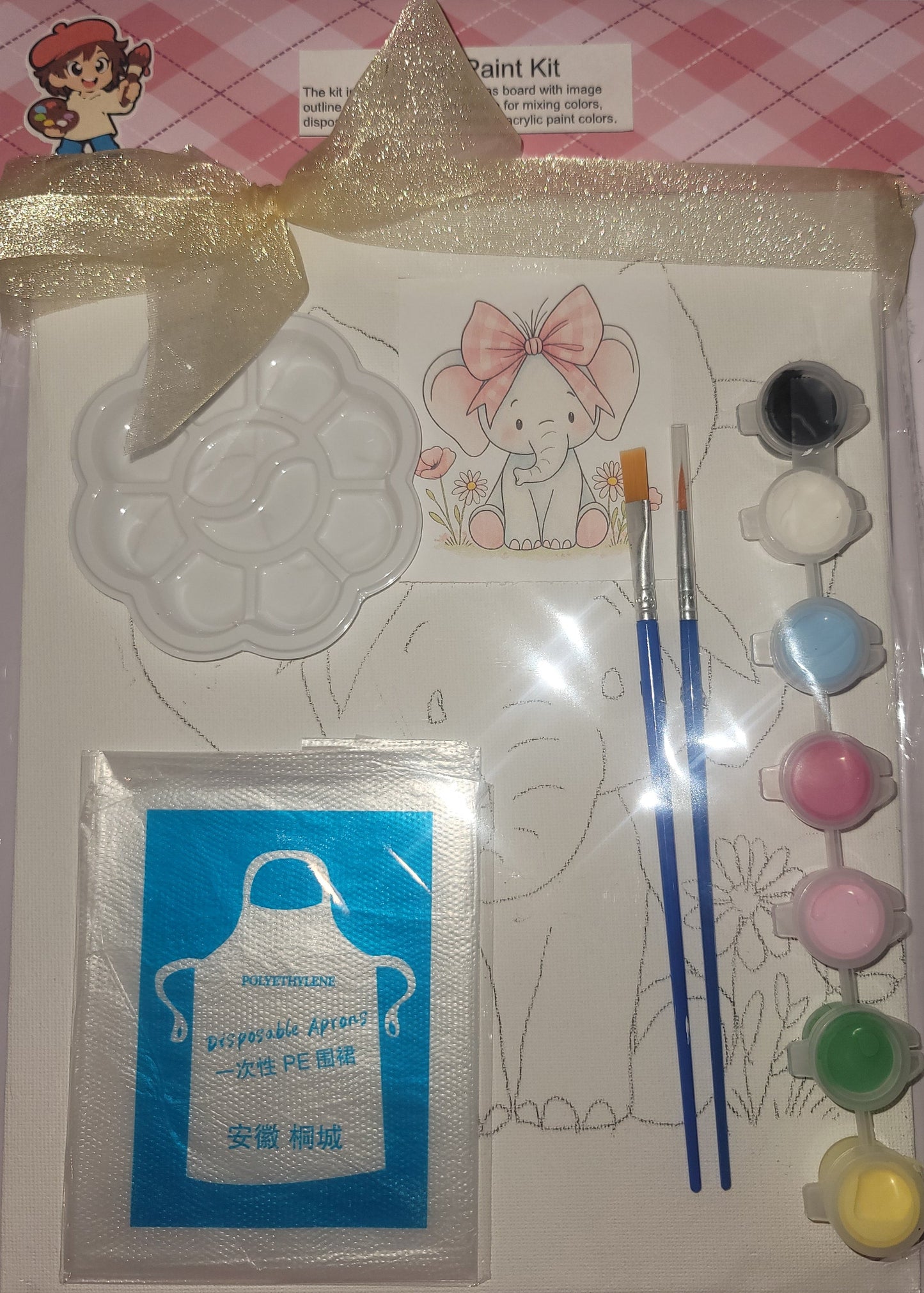 Painting Art Kit - Pretty Elephant, on 8in x 10in canvas board