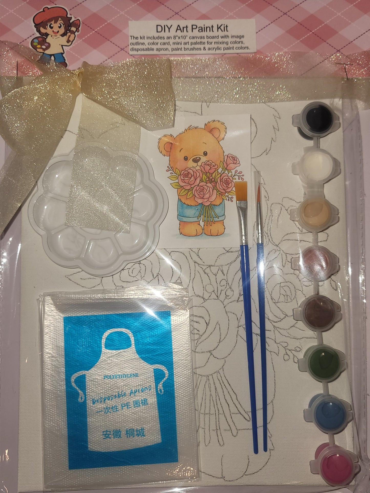 Painting Art Kit - Teddy with Roses, on 8in x 10in canvas board