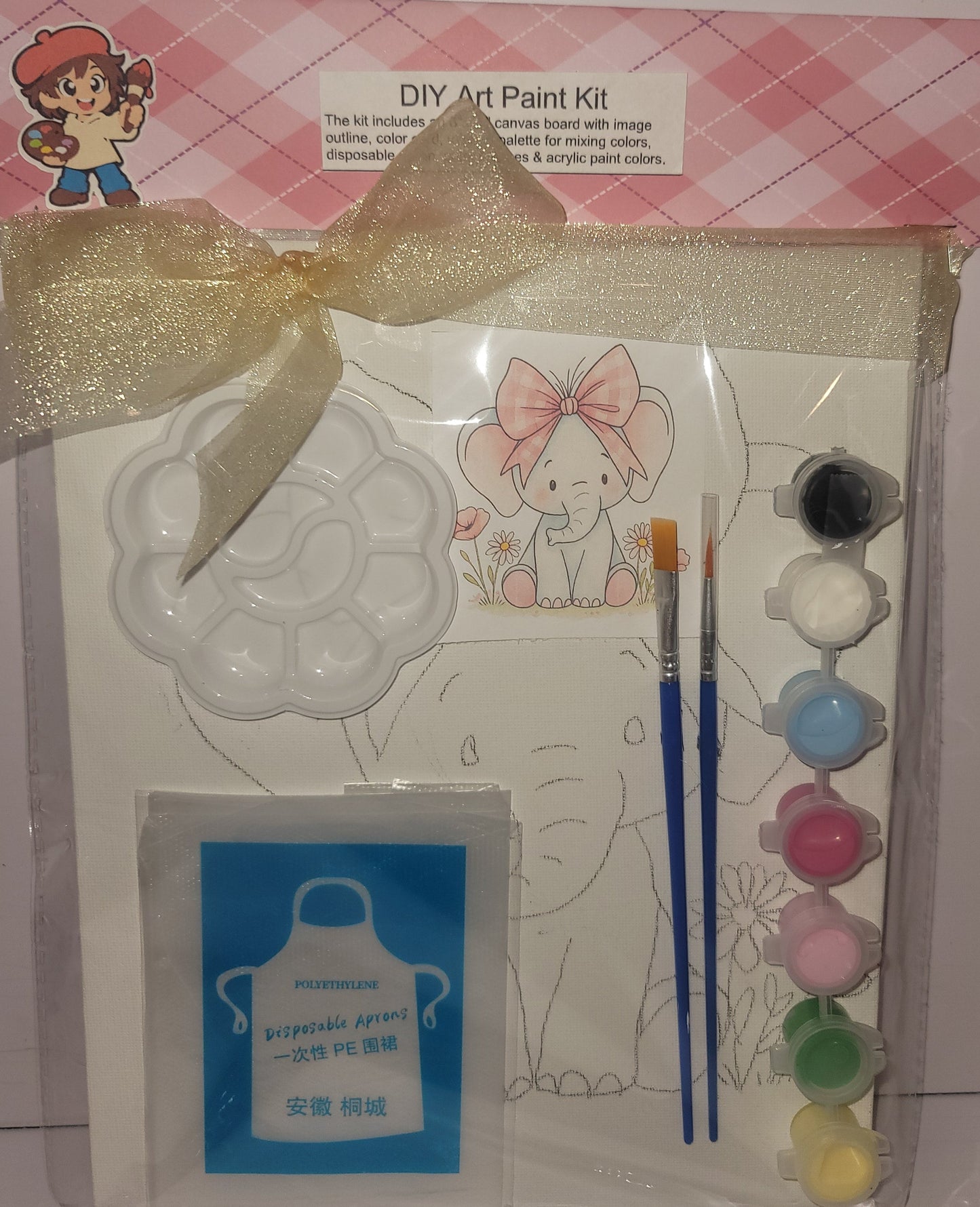 Painting Art Kit - Pretty Elephant, on 8in x 10in canvas board