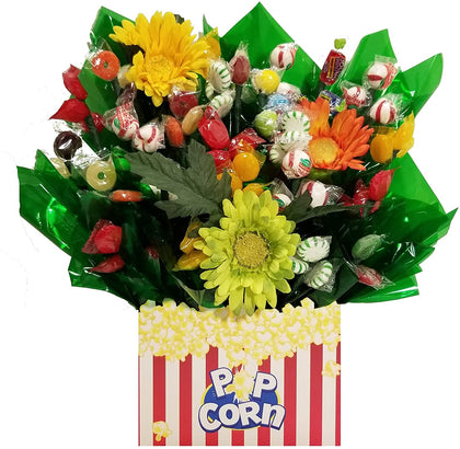 Movie Popcorn Gift Box with Hard Candy Bouquet - Great as a Birthday, Thank You, Get Well Soon, New Baby, New Home, Congratulations gift or for any occasion (Many OPTIONS available)
